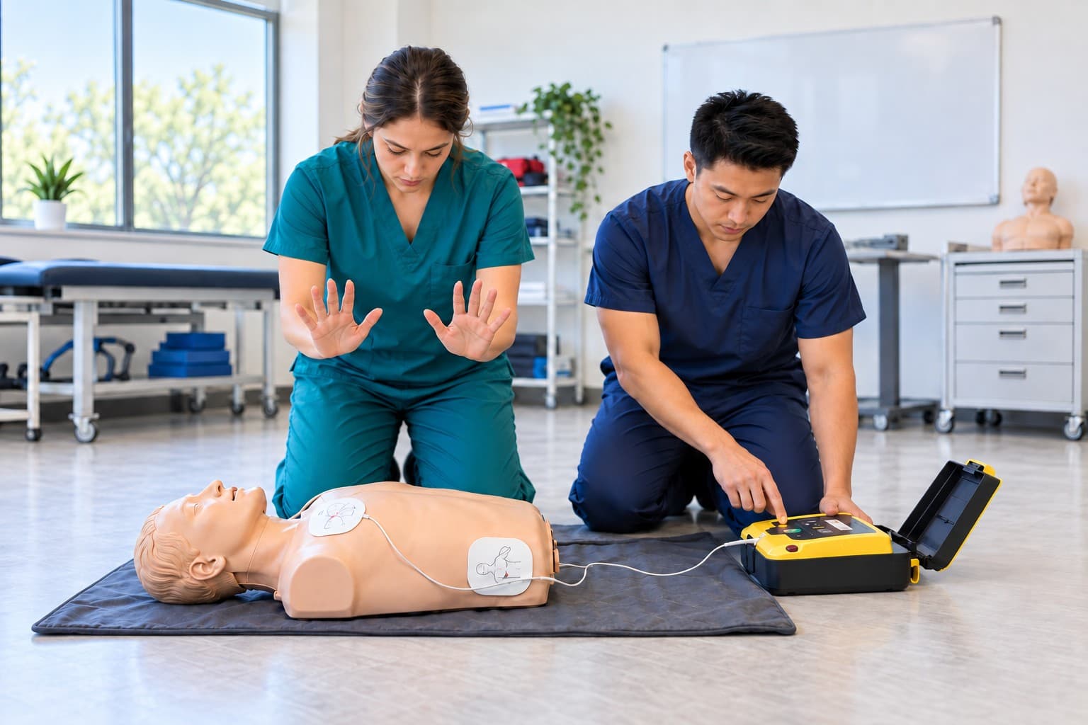 Student practicing chest compressions on a CPR manikin while classmates watch in the Clear Water studio